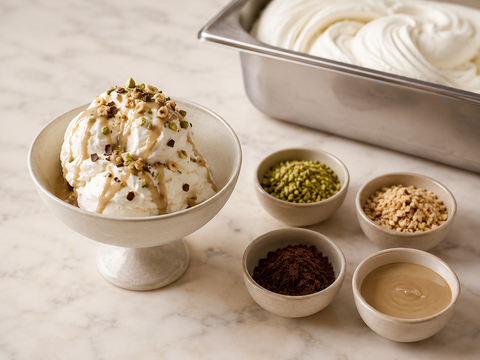 Decorazioni per gelato Dolcincasa con granella di pistacchio, granella di nocciole, scagliette di cioccolato e topping su gelato artigianale