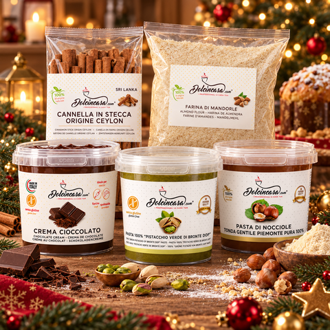 Ingredienti Dolcincasa per preparare dolci di Natale con pistacchio, nocciola, cioccolato, mandorle e cannella