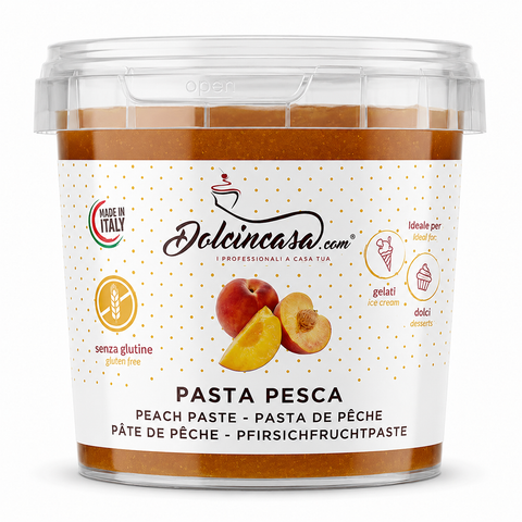Pasta Pesca Dolcincasa in secchiello, semilavorato senza glutine per gelati e dessert, confezione frontale su sfondo bianco.