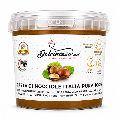 Pasta di Nocciole Italia Pura 100% Dolcincasa in confezione professionale su sfondo bianco premium.

