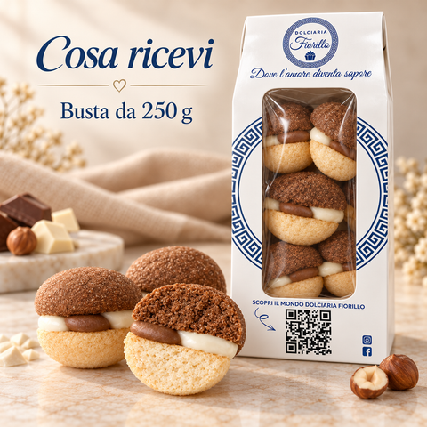 Cosa ricevi: confezione da 250 g Dolciaria Fiorillo con Baci di Dama alla crema gianduia e cioccolato bianco.
