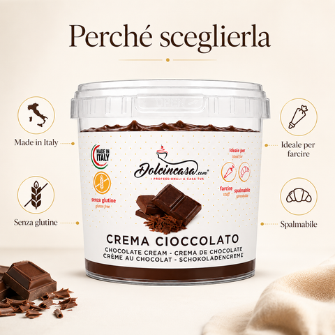 Crema Cioccolato Dolcincasa con benefici principali Made in Italy, senza glutine, ideale per farcire e spalmabile.