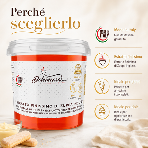 Immagine benefici Estratto Finissimo di Zuppa Inglese Dolcincasa Made in Italy ideale per gelati e dolci di pasticceria.
