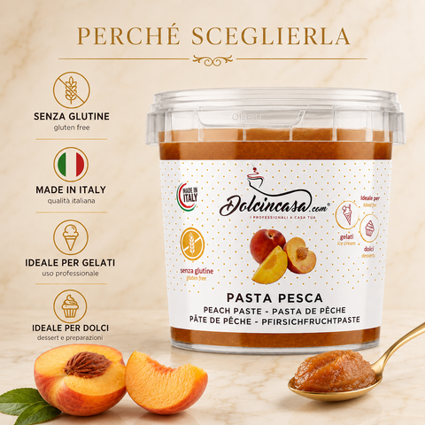 Pasta Pesca Dolcincasa su marmo beige con benefici: senza glutine, Made in Italy, ideale per gelati e dolci.