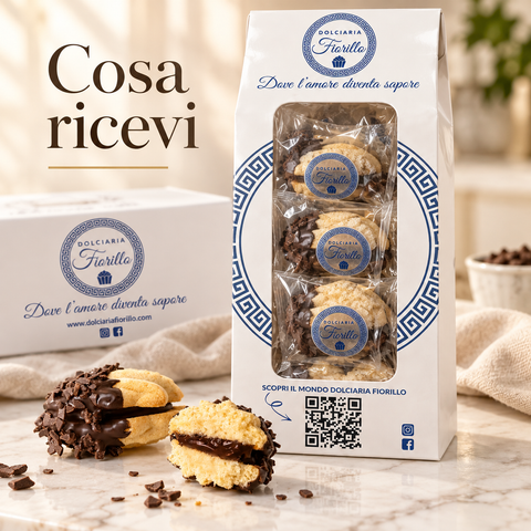 Cosa ricevi: confezione Dolciaria Fiorillo con Frollini al Rhum e scaglie di cioccolato.
