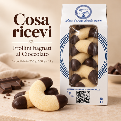 Cosa ricevi: confezione Dolciaria Fiorillo con Frollini bagnati al Cioccolato e prodotto in primo piano.