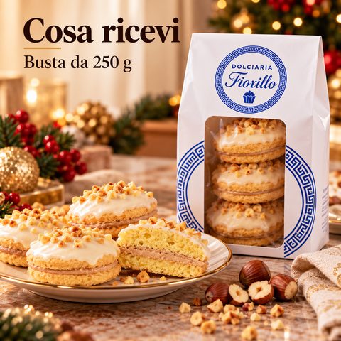 Cosa ricevi: busta da 250 g di frollini con crema alla nocciola Dolciaria Fiorillo.