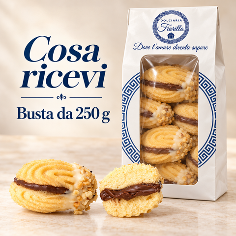 Frollini alla gianduia Dolciaria Fiorillo, confezione da 250 g con prodotto visibile.
