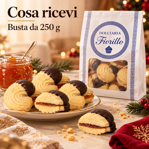 Frollini con marmellata Dolciaria Fiorillo nella confezione da 250 g con prodotto servito su piatto.