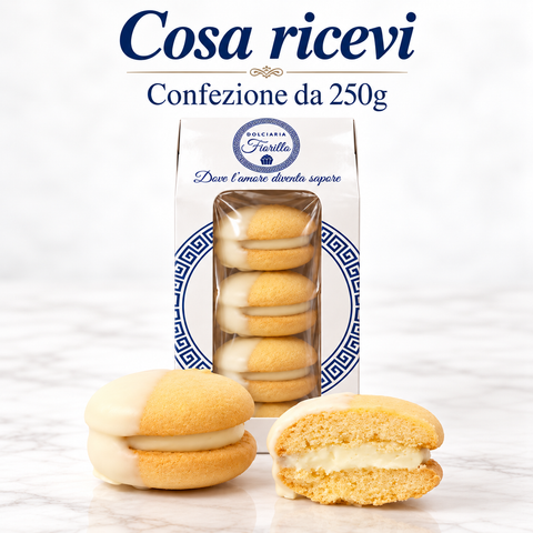 Cosa ricevi: confezione da 250 g di Maddalene al Cioccolato Bianco Dolciaria Fiorillo.