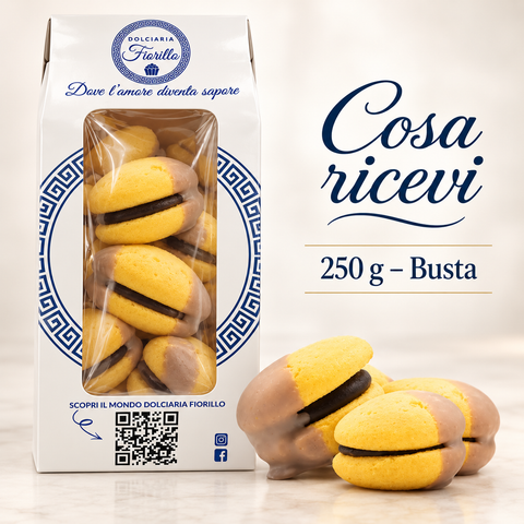 Maddalene al Rhum Dolciaria Fiorillo con confezione da 250 g e prodotto in primo piano.