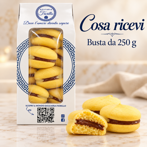 Cosa ricevi: busta da 250 g Dolciaria Fiorillo con Maddalene al bergamotto farcite con crema di bergamotto e cioccolato.