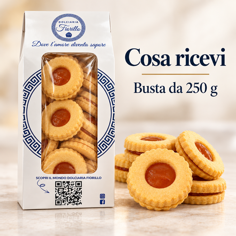 Confezione da 250 g di Occhi di Bue alla marmellata Dolciaria Fiorillo con prodotto in primo piano.