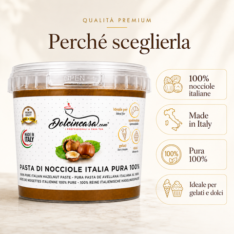 Pasta di Nocciole Italia Pura 100% Dolcincasa con benefici del prodotto per gelateria e pasticceria.
