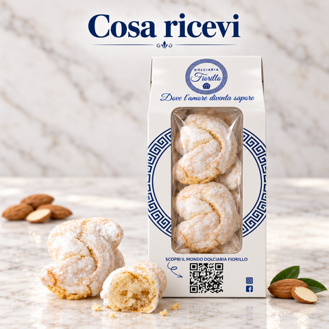 osa ricevi: confezione originale Dolciaria Fiorillo con paste di mandorla a S e prodotto in primo piano.
