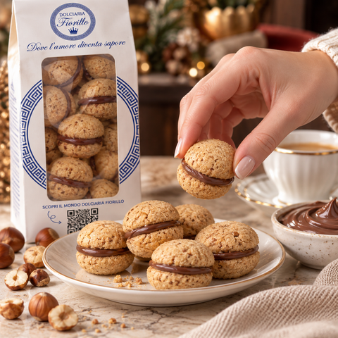 Baci di Dama con gianduia Dolciaria Fiorillo serviti con caffè in una scena di degustazione premium.