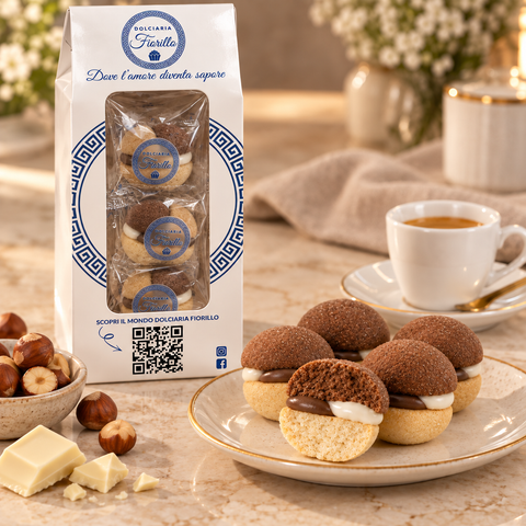 Baci di Dama Dolciaria Fiorillo con crema gianduia e cioccolato bianco serviti con caffè in una scena di degustazione.