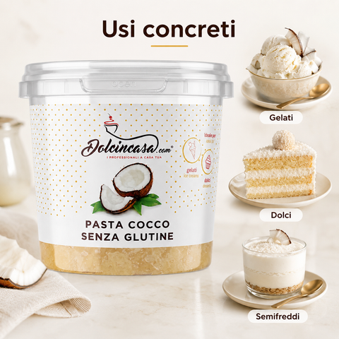 Pasta Cocco Senza Glutine Dolcincasa mostrata con usi concreti per gelati, dolci e semifreddi.
