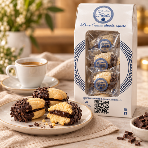 Frollini al Rhum con Scaglie di Cioccolato Dolciaria Fiorillo serviti con caffè in una scena di degustazione.