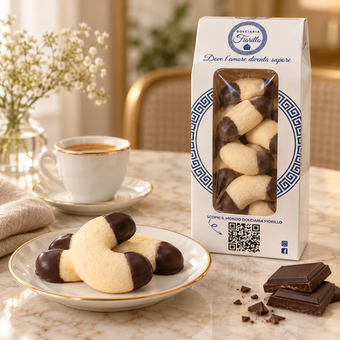 Frollini bagnati al Cioccolato Dolciaria Fiorillo serviti con caffè in una scena di degustazione.