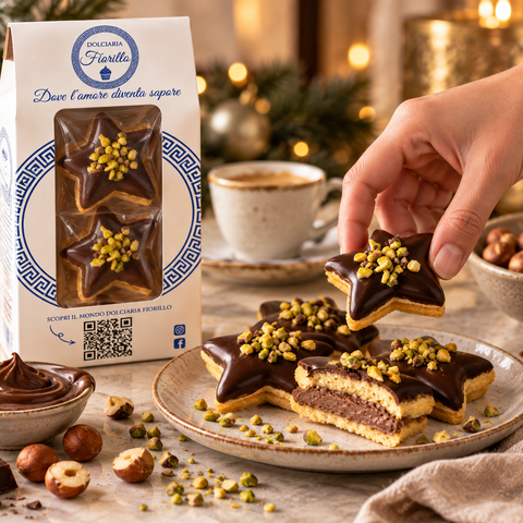 Frollini con gianduia Dolciaria Fiorillo serviti con caffè in una scena di degustazione, con confezione accanto.