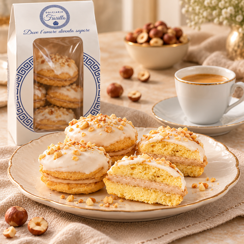 Frollini con crema alla nocciola Dolciaria Fiorillo serviti con caffè in una scena di degustazione.