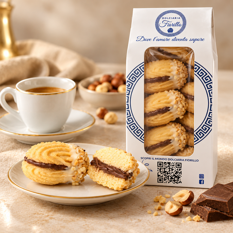 Frollini alla gianduia Dolciaria Fiorillo serviti con caffe in una scena di degustazione.