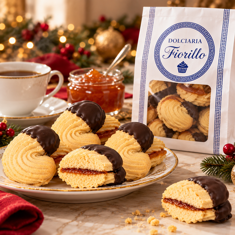 Frollini con marmellata Dolciaria Fiorillo serviti con caffè e confezione piena sullo sfondo.