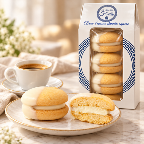 Maddalene al Cioccolato Bianco Dolciaria Fiorillo servite con caffè e confezione originale.