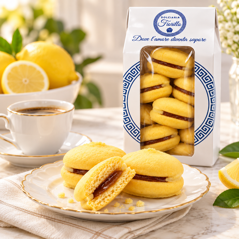 Maddalene al Limone Dolciaria Fiorillo servite con caffè e confezione da 250 g.