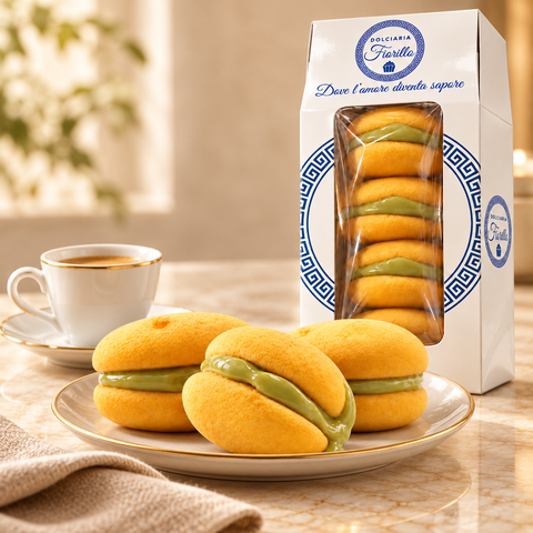 Maddalene al Pistacchio Dolciaria Fiorillo servite con caffè in una scena di degustazione.