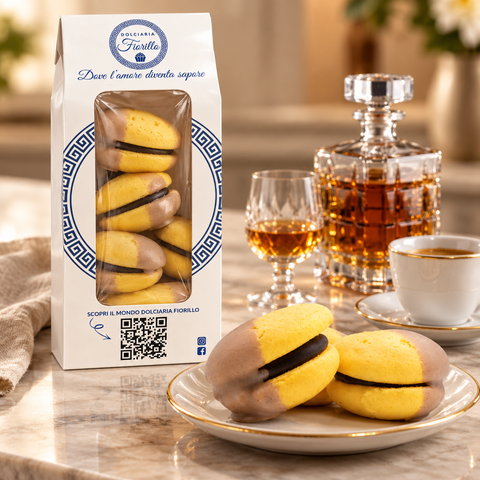 Maddalene al Rhum Dolciaria Fiorillo servite con bicchiere e decanter di rhum, caffè e confezione Fiorillo.