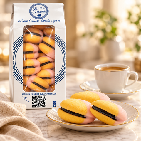 Maddalene alla Fragola Dolciaria Fiorillo servite su piatto con caffè e confezione Fiorillo sullo sfondo.