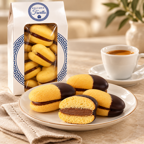 Maddalene con crema gianduia servite con caffe e confezione Dolciaria Fiorillo
