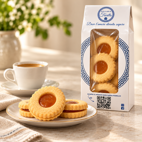 Occhi di Bue alla marmellata Dolciaria Fiorillo serviti con caffe in una scena di degustazione.