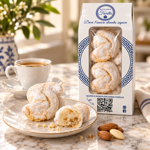 Paste di mandorla a S Dolciaria Fiorillo servite con caffè in una scena di degustazione premium.