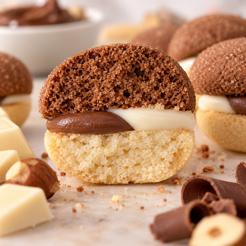 Macro dei Baci di Dama Dolciaria Fiorillo con crema gianduia e cioccolato bianco, con texture interna in evidenza.