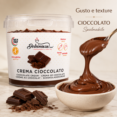 Crema Cioccolato Dolcincasa con texture cremosa e spalmabile, cucchiaio con crema al cioccolato lucida e golosa.