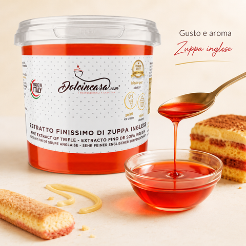 Estratto Finissimo di Zuppa Inglese Dolcincasa con texture liquida rossa e aroma per preparazioni di gelateria e pasticceria.
