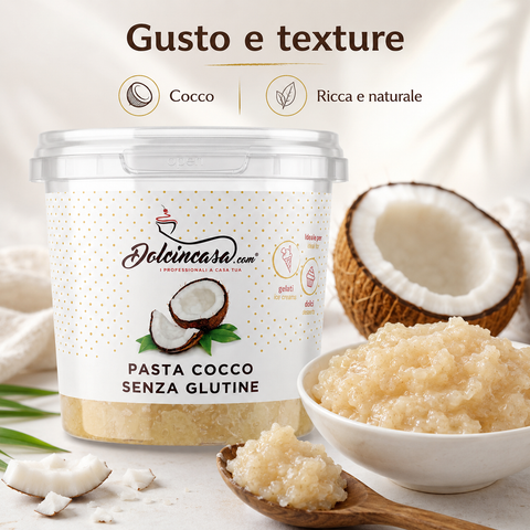 Pasta Cocco Senza Glutine Dolcincasa con focus su gusto cocco e texture ricca con cocco visibile.
