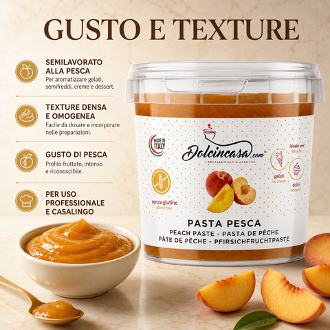 Pasta Pesca Dolcincasa, semilavorato alla pesca con texture densa e omogenea per gelati, creme e dessert.