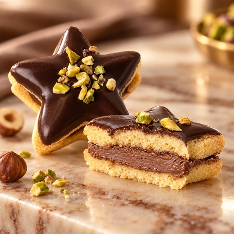Macro dei frollini con gianduia Dolciaria Fiorillo: biscotto a stella intero e aperto con crema alla gianduia visibile.