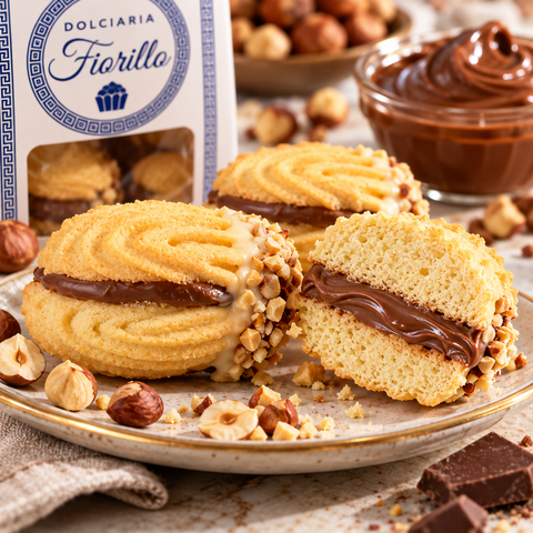 Dettaglio dei frollini alla gianduia Dolciaria Fiorillo con crema alla gianduia e granella di nocciole.
