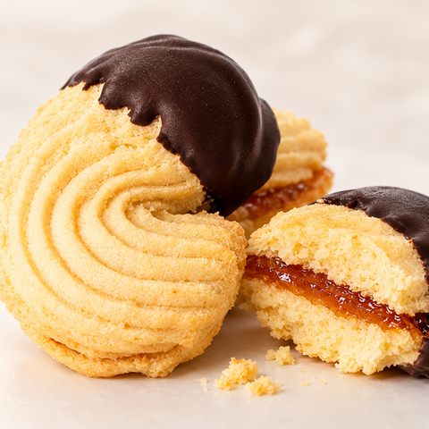 Dettaglio della texture dei frollini Dolciaria Fiorillo con marmellata e copertura al cioccolato.