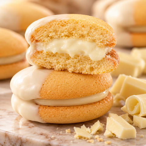 Dettaglio della texture delle Maddalene al Cioccolato Bianco con crema e copertura al cioccolato bianco.