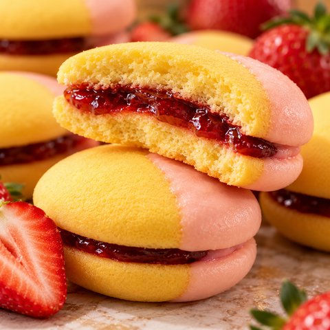 Macro delle Maddalene alla Fragola con interno morbido, farcitura alla fragola e copertura rosa.