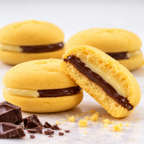 Dettaglio della texture delle Maddalene al bergamotto con crema di bergamotto e cioccolato ben visibili nella farcitura.