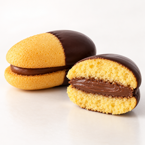 Maddalena aperta con crema gianduia e copertura al cioccolato, dettaglio texture