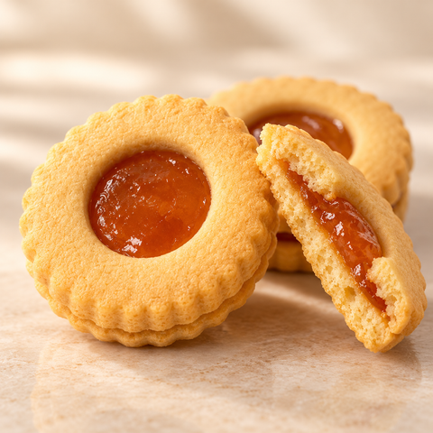 Dettaglio ravvicinato degli Occhi di Bue alla marmellata con frolla e farcitura visibile.