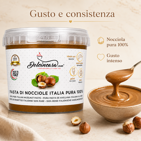 Pasta di Nocciole Italia Pura 100% Dolcincasa con focus su gusto intenso e consistenza cremosa alla nocciola.
